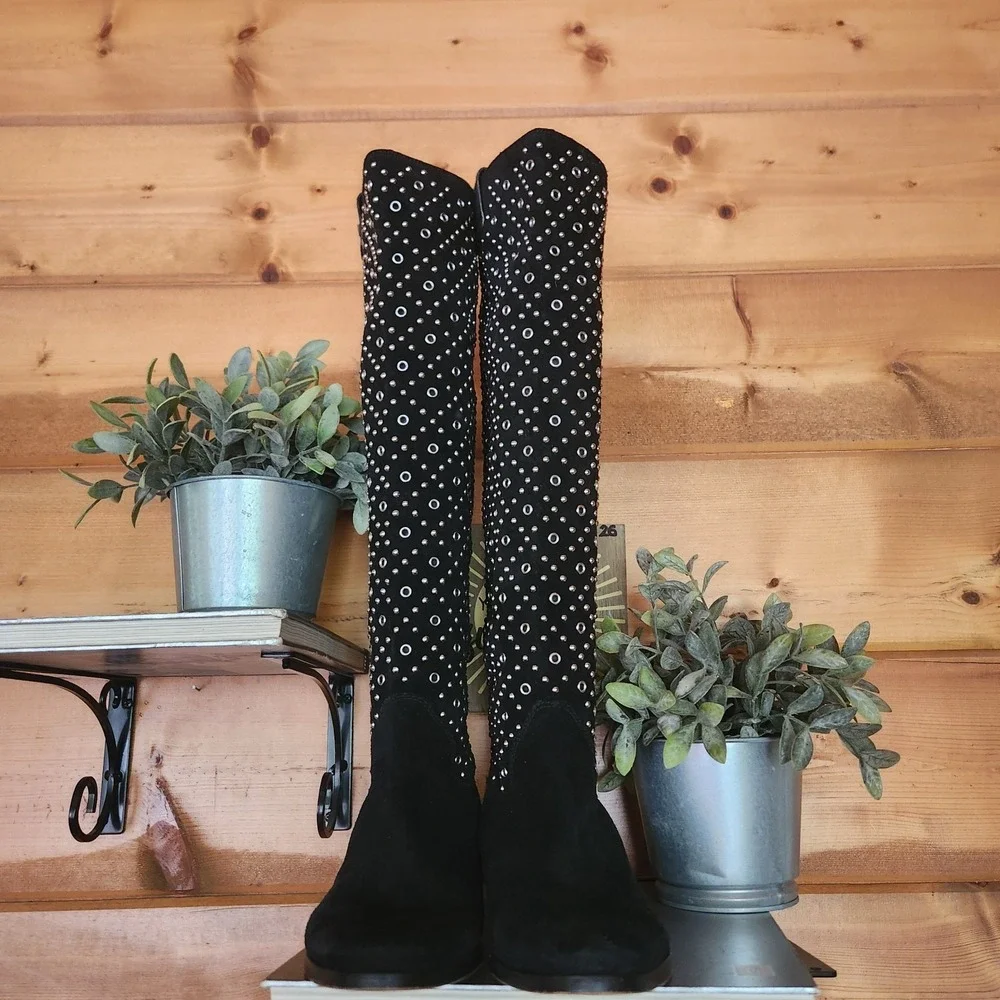 Michael Kors Sally Studded Flat Boot‎ Tall Suede Leather Embellished Moto Sz 8 M